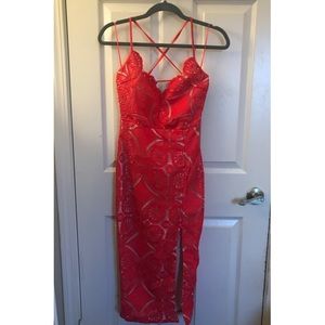 PrettyLittleThing Red Lace Midi Dress